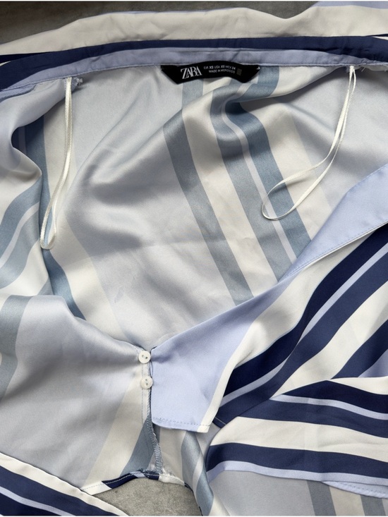 ZARA Blue & White Striped Tie Front Blouse | Satin Silky Wrap Top | Coastal | XS - Picture 7 of 8